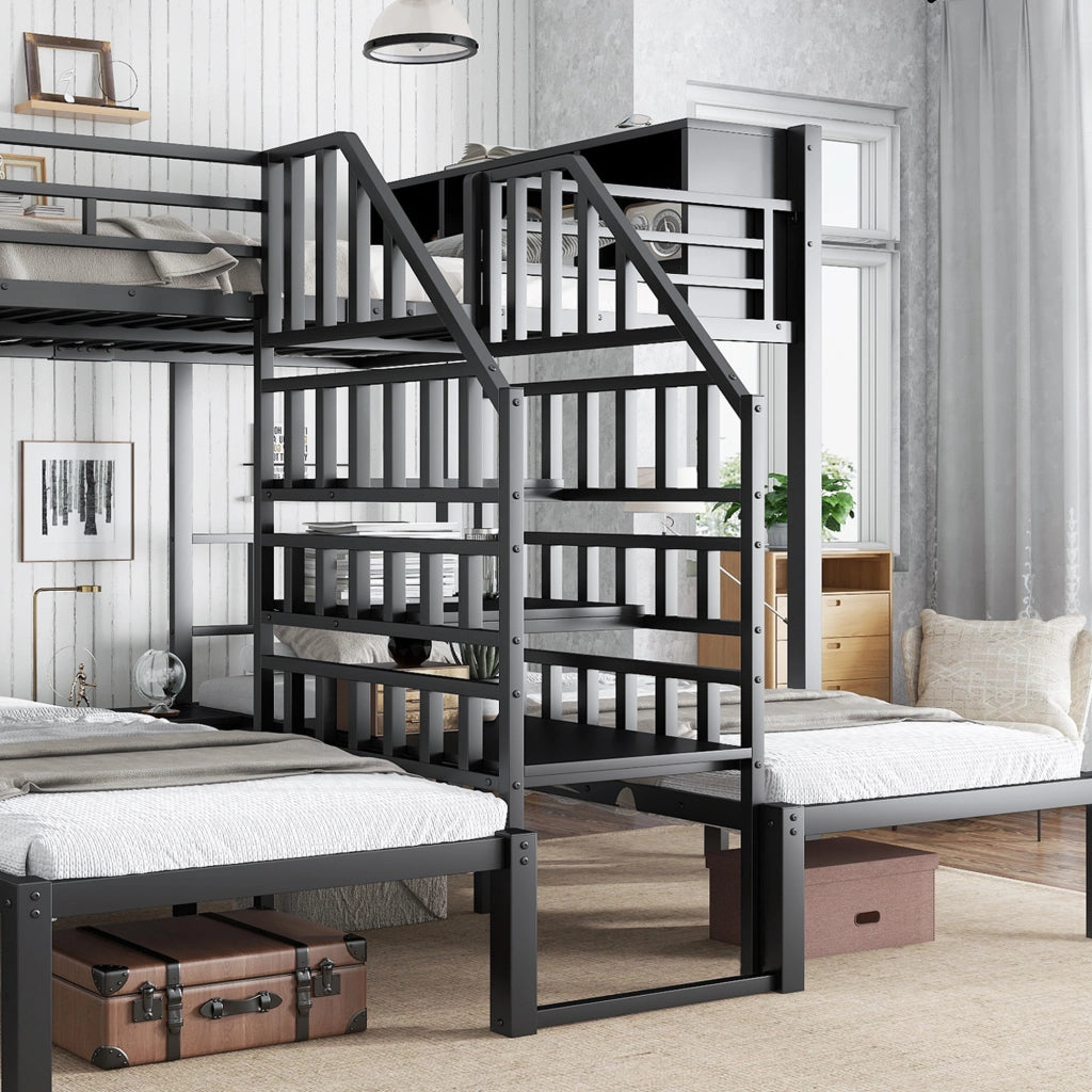DESMIU Letto a castello 3 posti 90 × 200 cm e 140 × 200 cm con scala, vano portaoggetti, senza materasso, nero