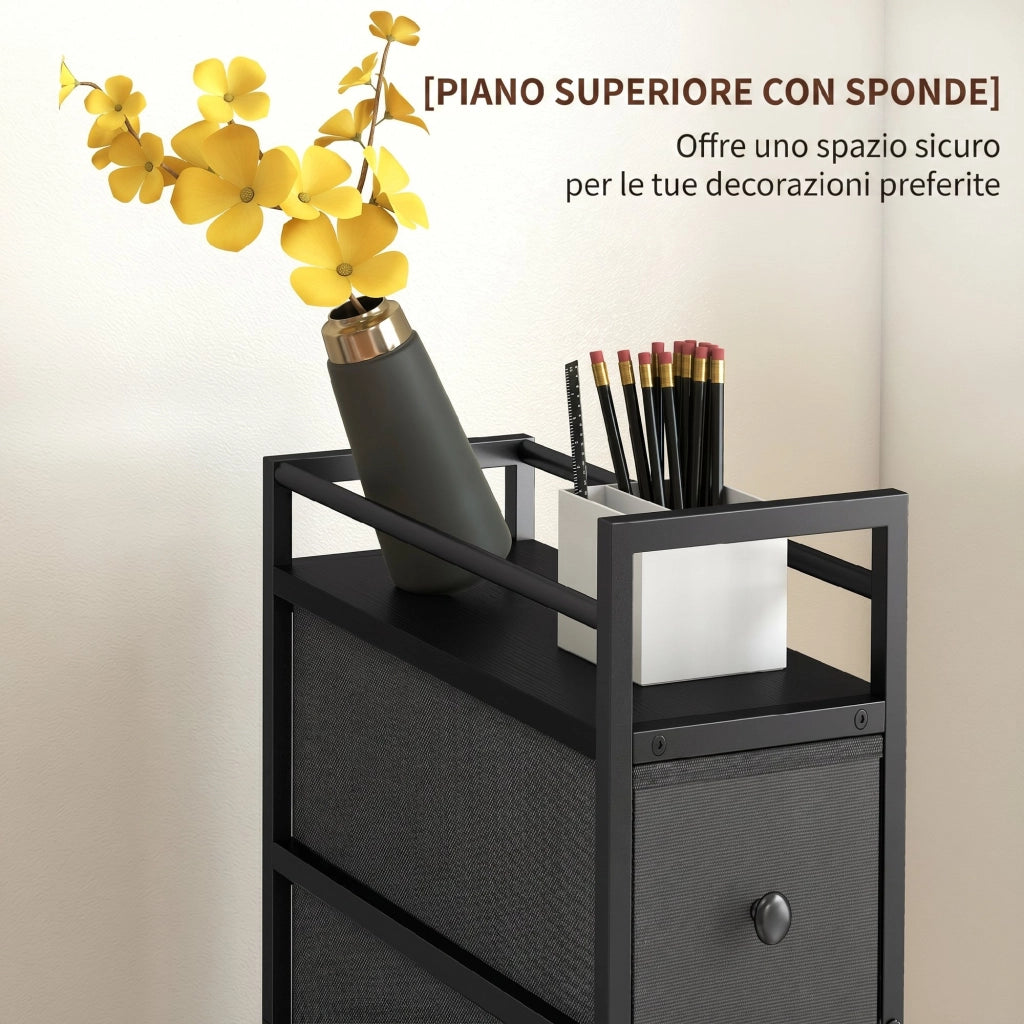 Cassettiera Slim Salvaspazio 20x43x81,5 cm con 4 Cassetti Telaio in Acciaio in Tessuto Nero