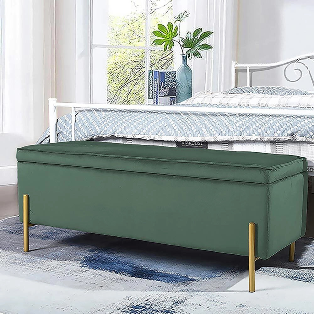 Cassapanca Pouf Contenitore Panca Sgabello Poggiapiedi in Tessuto Velluto Verde
