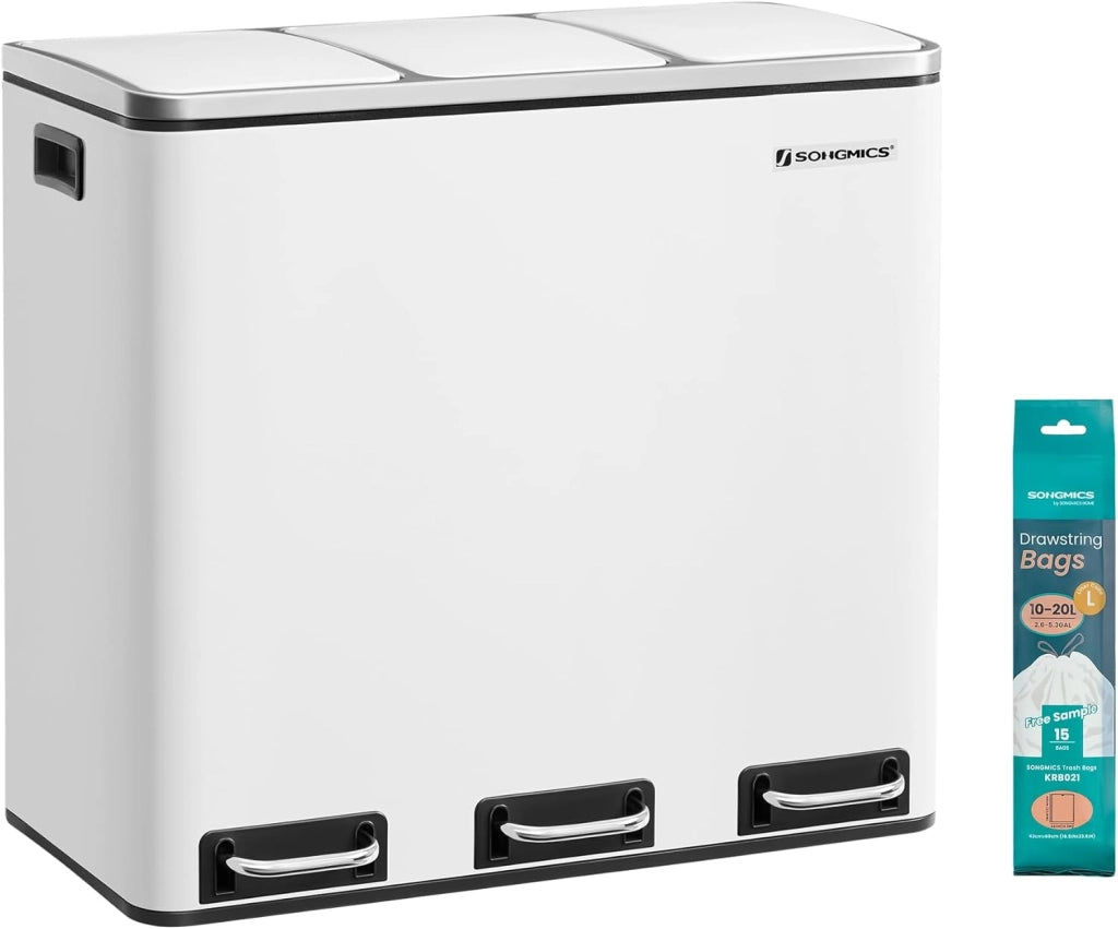 SONGMICS Cestino da Cucina, Pattumiera per Raccolta Differenziata 3 x 18L, 3 Scomparti per Riciclaggio, Coperchi a Chiusura Morbida, Pedali, Acciaio, Grigio Verdastro LTB54GS