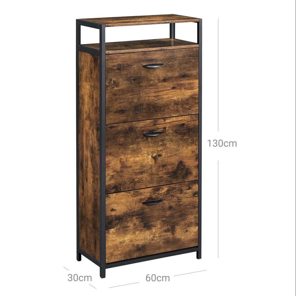 Scarpiera con 3 ante a ribalta mobiletto portaoggetti per ingresso ripiano organizer con vano aperto e divisori interni per 15-18 paia 60 x 30 x 130 cm marrone rustico e nero 12_0006365