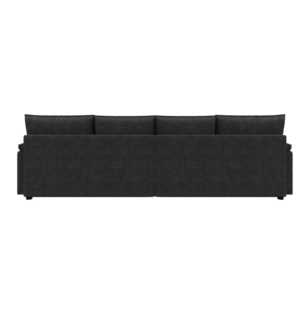 Divano angolare modulare ULEVR 264,5x142,5 cm in ciniglia nera con 2 pouf mobili e vano contenitore