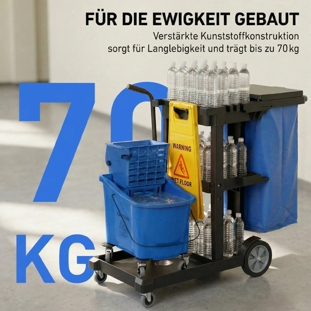 Carrello per pulizia con 3 ripiani, secchio strizzamop e sacco 70 litri ¨C zephmum ¨C Blu