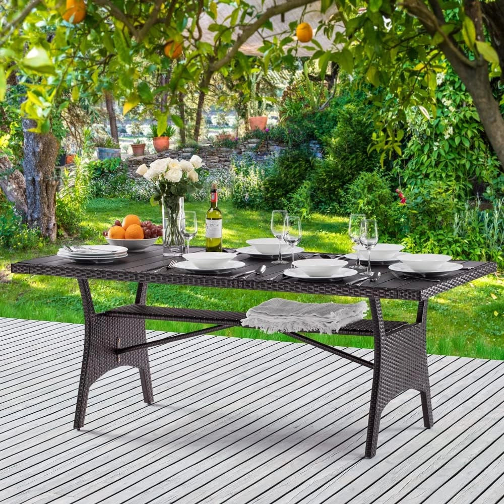 Tavolo da Giardino in Polyrattan & WPC con Ripiano 190x90x74cm Altezza Regolabile Outdoor