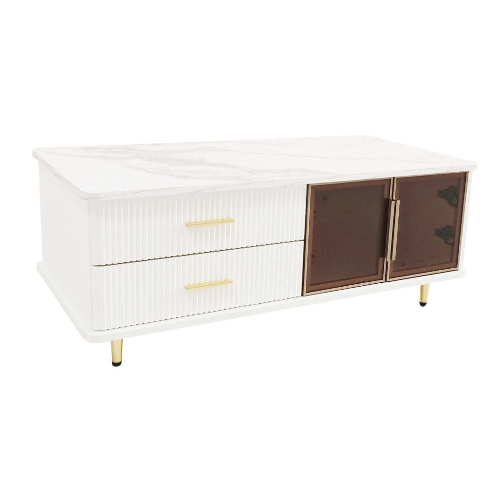 Tavolino da salotto con LED 100x50x40 cm; 2 cassetti e 2 ante in truciolare bianco e vetro temperato