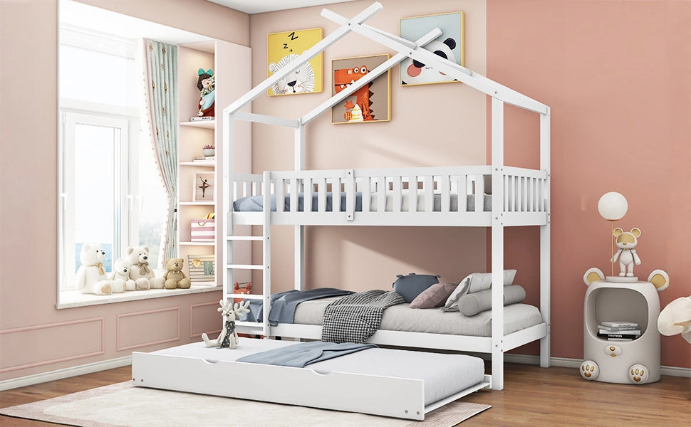 Letto a castello a 3 posti con letto estraibile, 90x200 cm, bianco