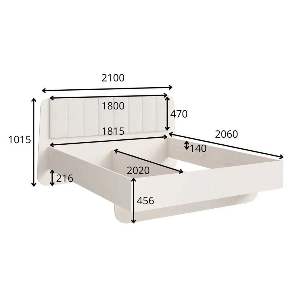 Letto matrimoniale AMALIE 180x200 cm – Testiera imbottita in tessuto beige – Design morbido e angoli arrotondati - Rete non inclusa