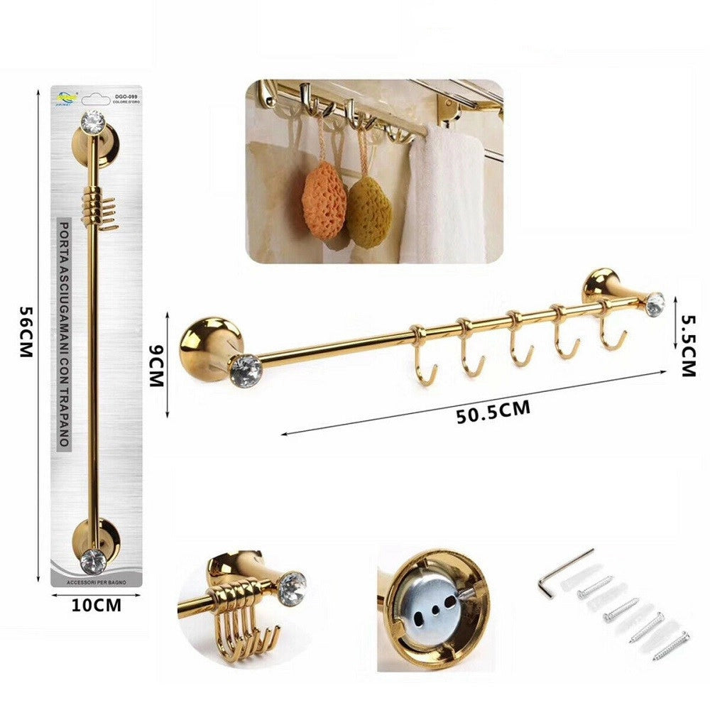 Trade Shop - Porta Asciugamani 5 Ganci Supporto Arredo Bagno Casa Cucina Dorato Oro Dgo-099 -