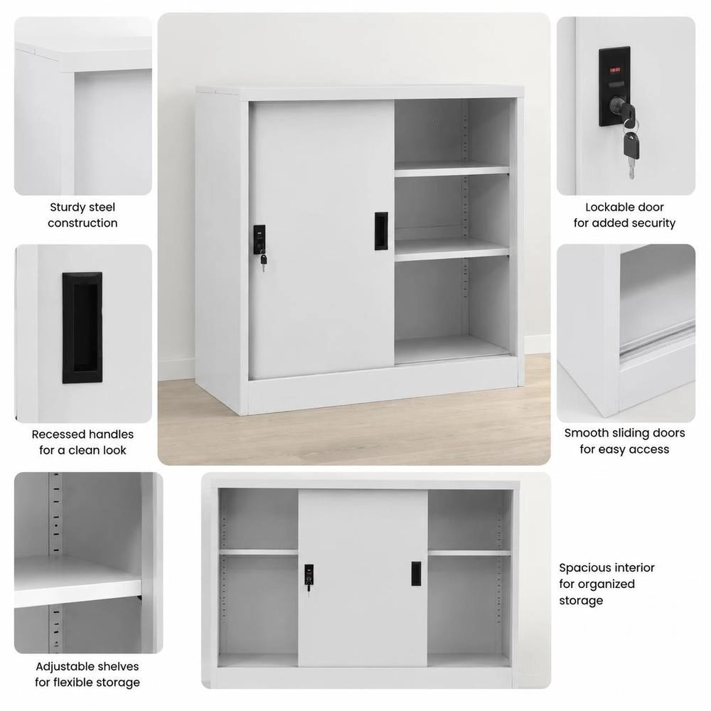 Office Cabinet With Sliding Door, Light Grey, 90x40x90 Cm, Steel