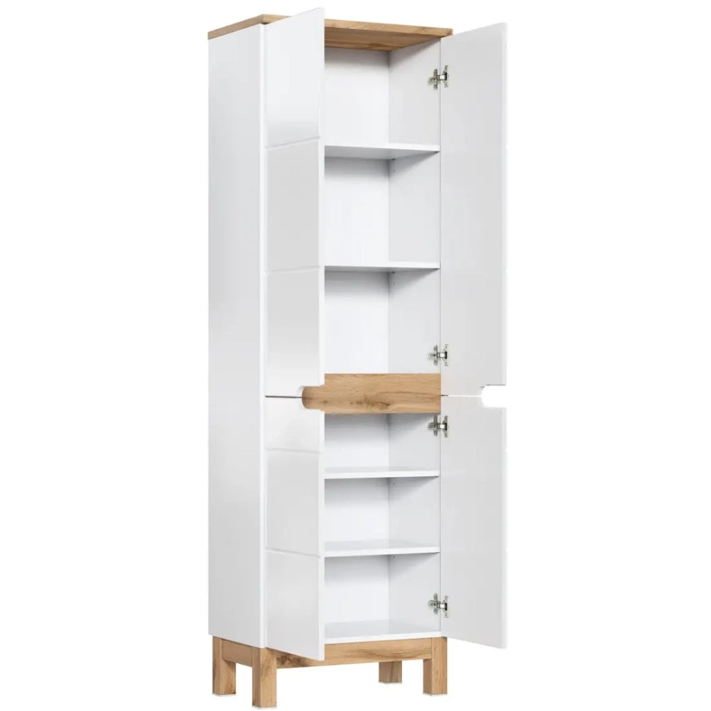 Colonna bagno ERMANO - Rovere chiaro e bianco lucido - 60x187 cm - 4 porte - Da appoggio