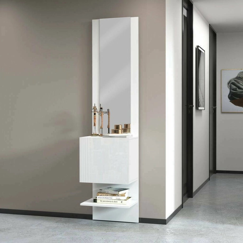 Mobile da ingresso Ivana, Armadietto multifunzione con specchio, Scarpiera a 1 anta, 45x35h190 cm, Bianco