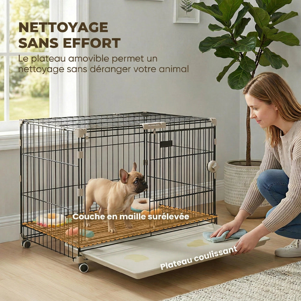 Cage per Cani con Vassoio Amovibile e Ruote ¨C zephmum ¨C Nero 75.5x46x64.5cm