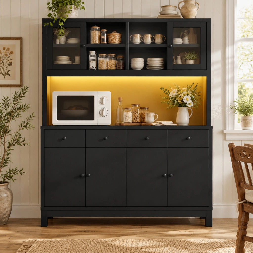 Credenza alta da cucina 140x38,5x180 cm con LED RGB, ante in vetro e 4 cassetti nera HAVRYA