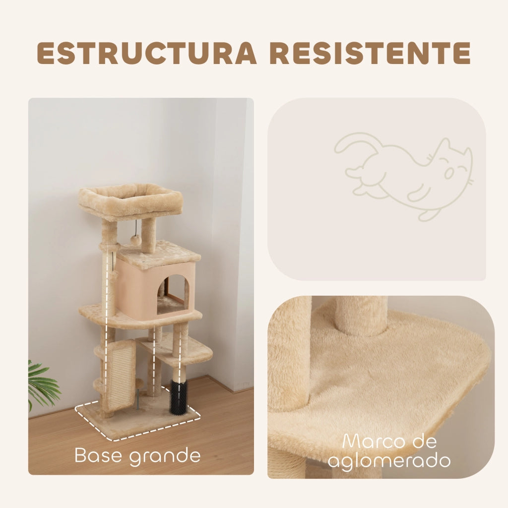 Albero tiragraffi per gatti con piattaforme, spazzola, palline e cuscino ¨C Minimal ¨C 104cm beige