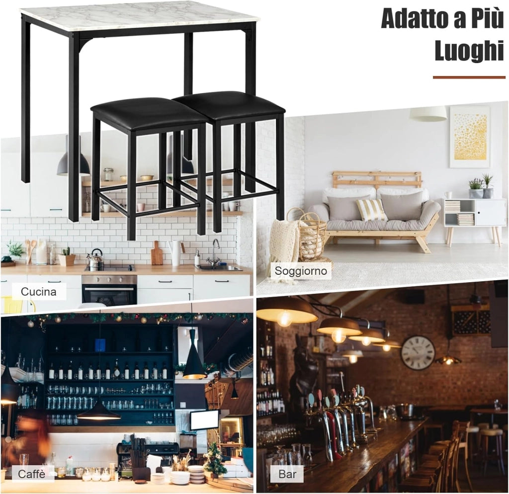 Tavolo Cucina con 2 Sgabelli, Tavolo Alto con 2 Sgabelli Senza Schienale in Similpelle da Cucina, Sala da Pranzo e Soggiorno, Tavolo Bar con Sgabelli Moderno per Spazi Piccoli (Nero)