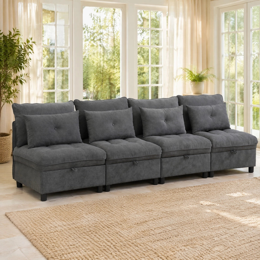 DIVANO modulare 4 posti in chenille grigio antico con contenitore