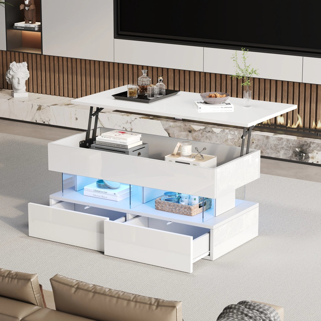 Tavolino basso sollevabile con LED, 2 cassetti e vano nascosto, per soggiorno, 100 × 50 × 46 cm, in MDF, bianco
