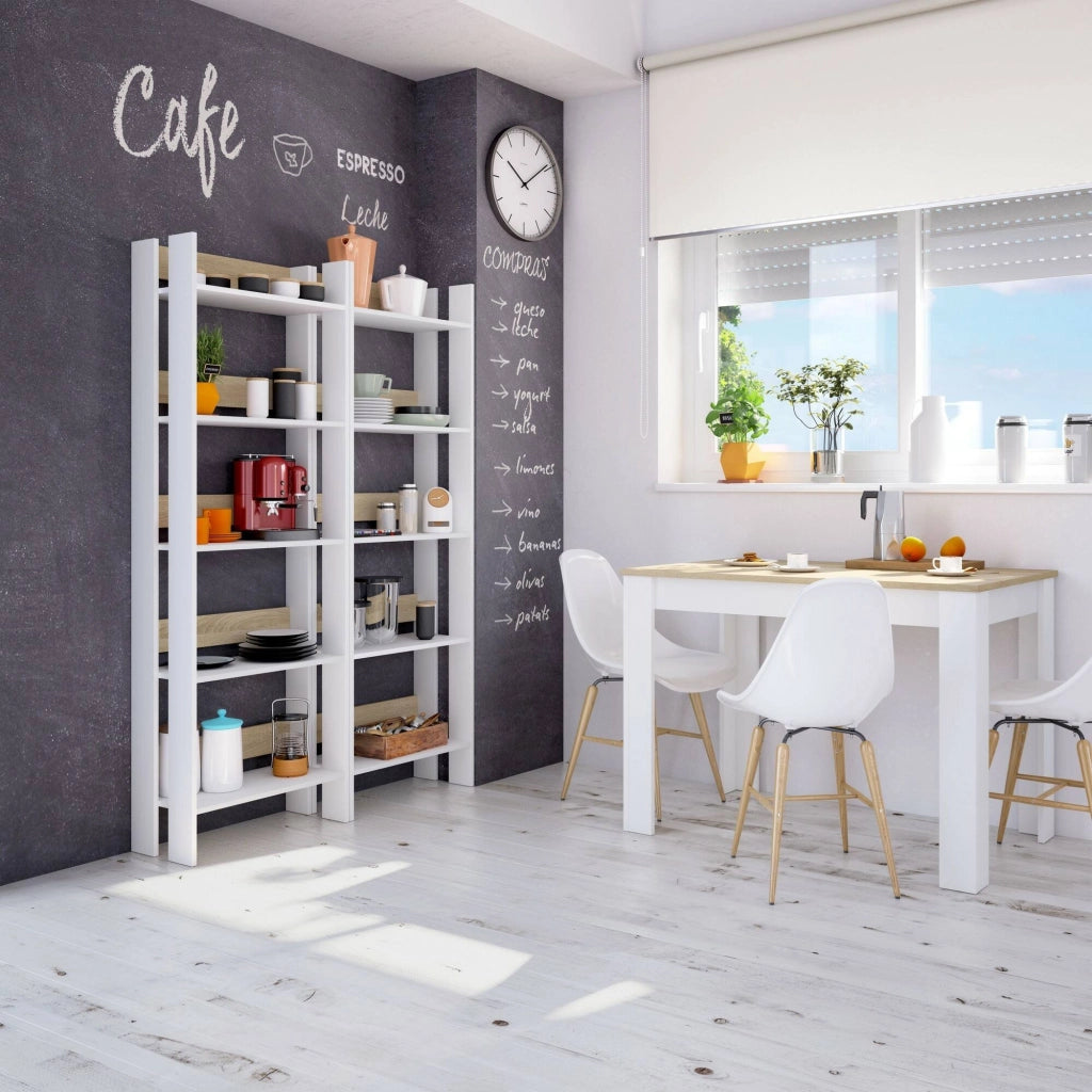 Libreria Haruki, Scaffale da ufficio a 5 ripiani, Mobile portalibri, Biblioteca, 57x27h170 cm, Bianco lucido e Rovere
