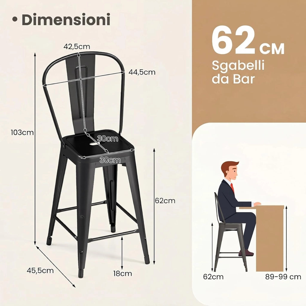 Set da 4 Sgabelli da Bar in Metallo con Schienale Rimovibile | Sedie per Cucina Impilabili con Poggiapiedi, Sgabelli da Bistrot per Soggiorno e Sala da Pranzo, Portata 160 kg