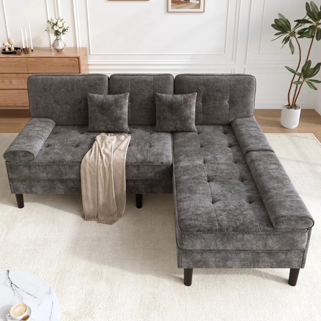Divano angolare modulare a L in chenille con funzione letto e pouf mobile, 195 cm, ideale per appartamenti