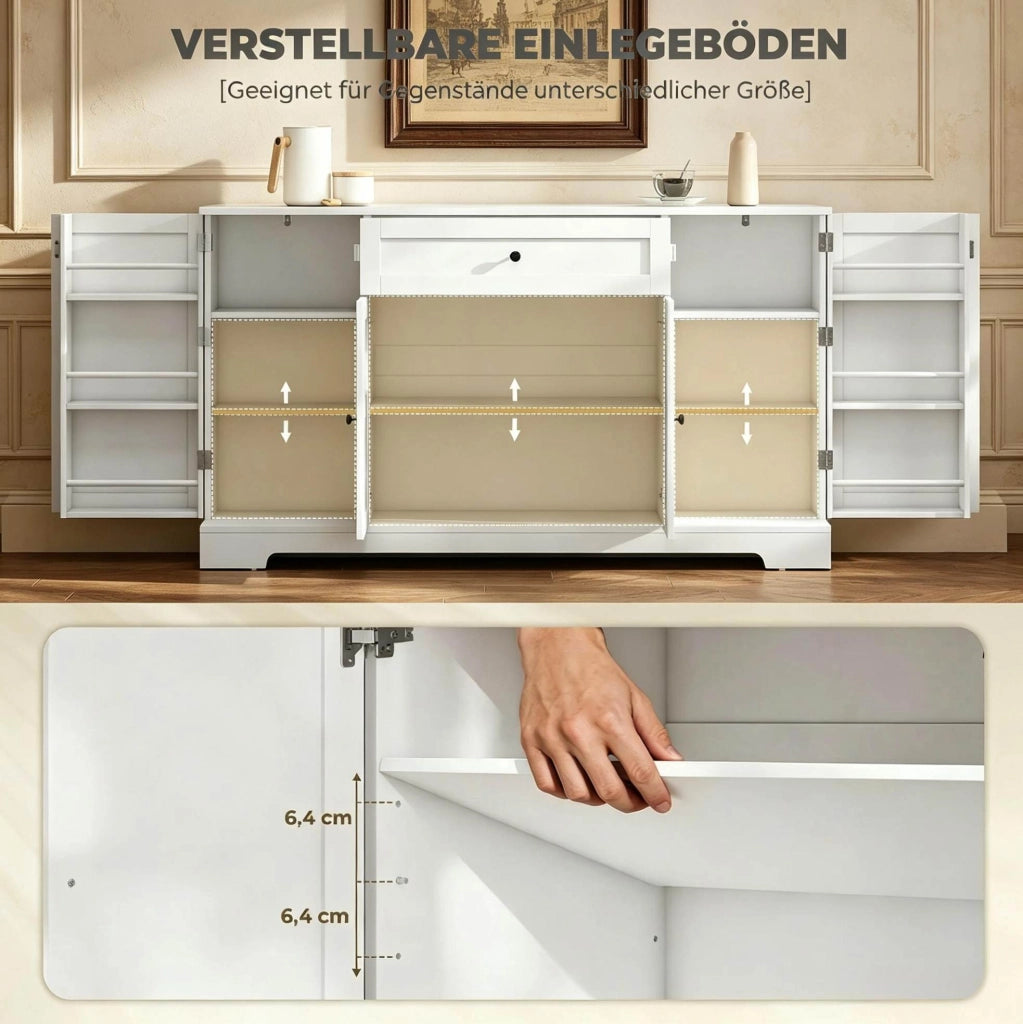 Buffet bianco 140 cm con 4 porte, cassetto ampio e ripiani regolabili