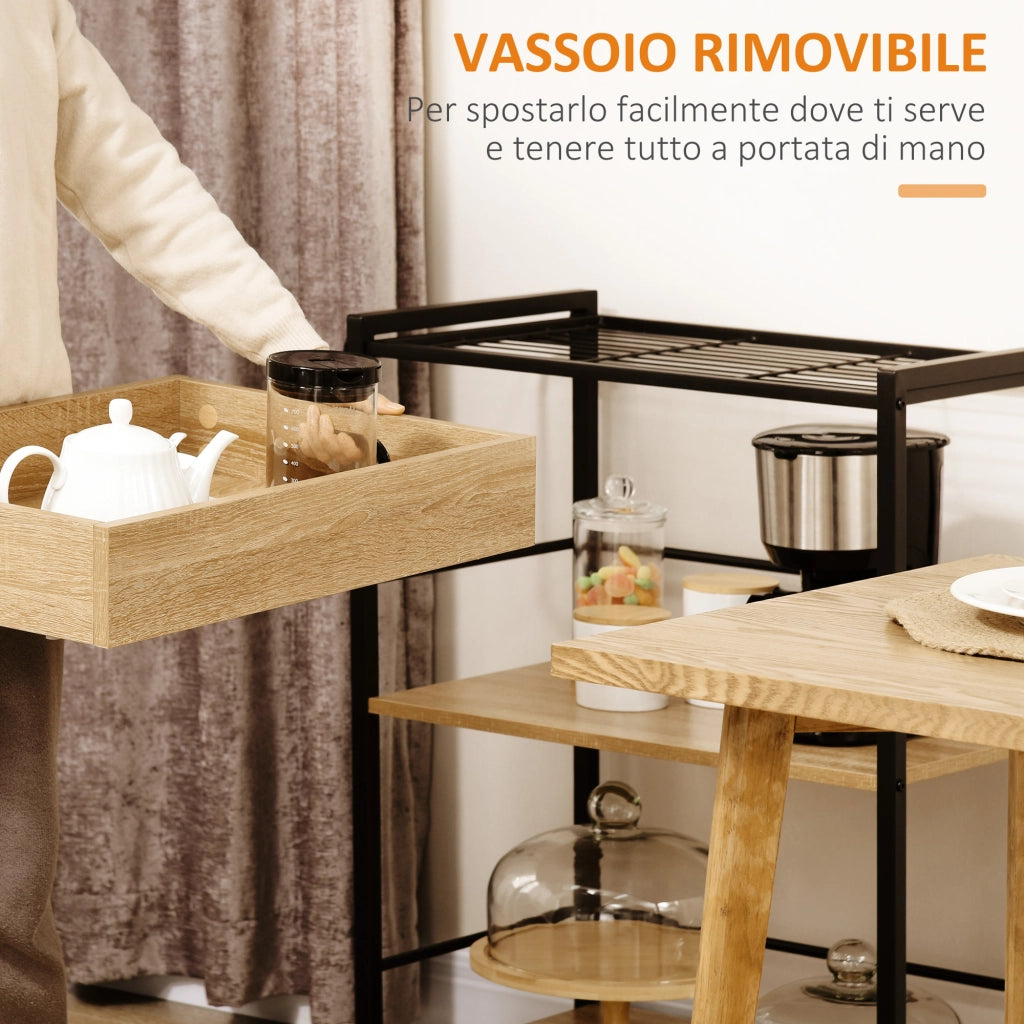 Carrello da Cucina 3 Ripiani con Vassoio Rimovibile ¨C Zephmum ¨C Legno e Nero 72x40x94cm