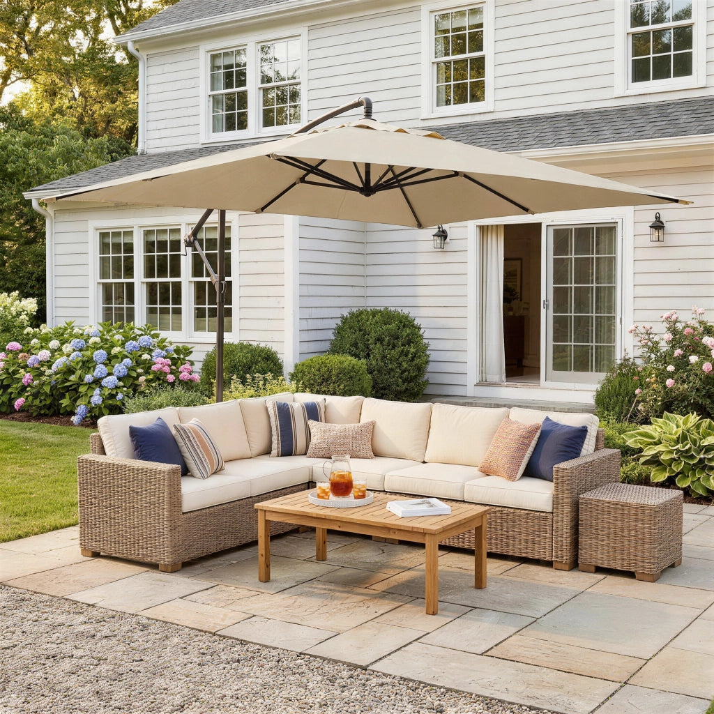 Ombrellone da Giardino Decentrato con Base a Croce e Apertura a Manovella, 294x193cm, Beige