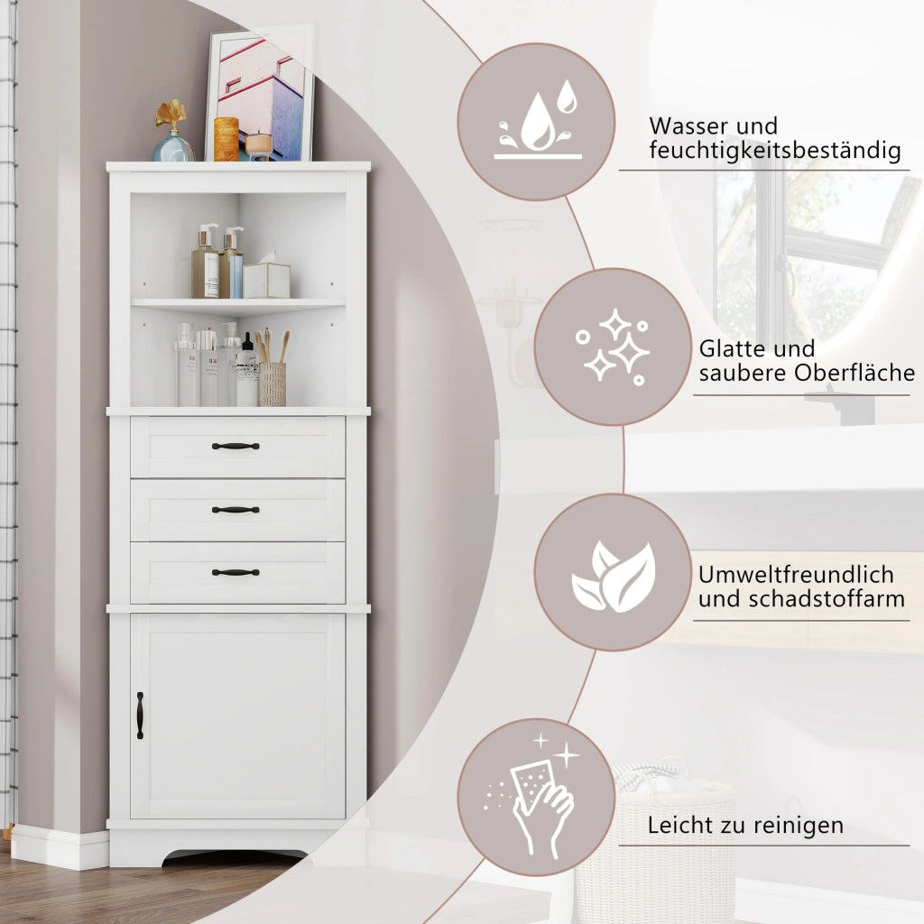 Armadietto da bagno angolare con 1 anta, 3 cassetti e ripiani regolabili in MDF bianco 57,7 × 46 × 167,5 cm