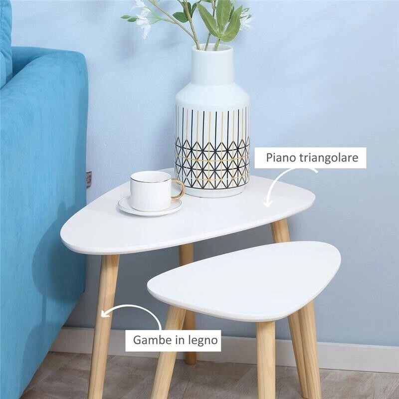 SET 2 TAVOLINI DA SALOTTO IMPILABILI STILE NORDICO CON GAMBE IN LEGNO TOP BIANCO