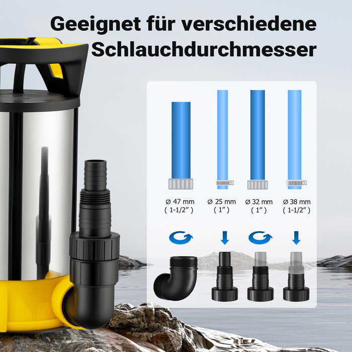 Pompa sommersa ad aspirazione piatta 3in1 550 W, portata 12500 l/h, per acque chiare e scure, con galleggiante e termoregolazione, per cantine, stagni, piscine, pozzi