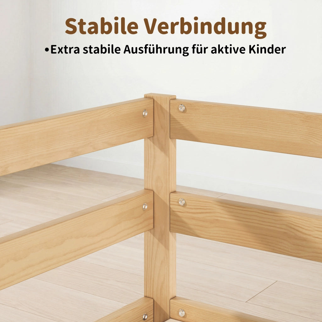 Letto per bambini 90 × 200 cm con barriera di sicurezza a 4 lati, senza materasso, in legno di pino, naturale