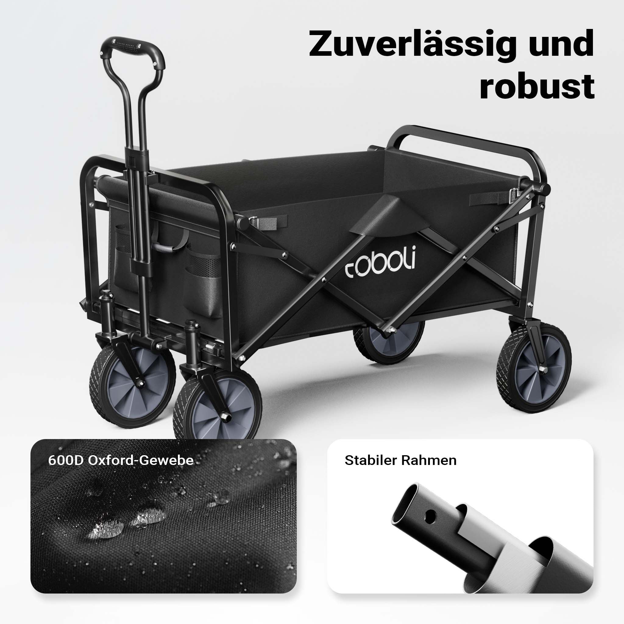 Toboli Carretto a mano pieghevole, max 100 kg, tessuto impermeabile nero e manico telescopico, Carrello spiaggia