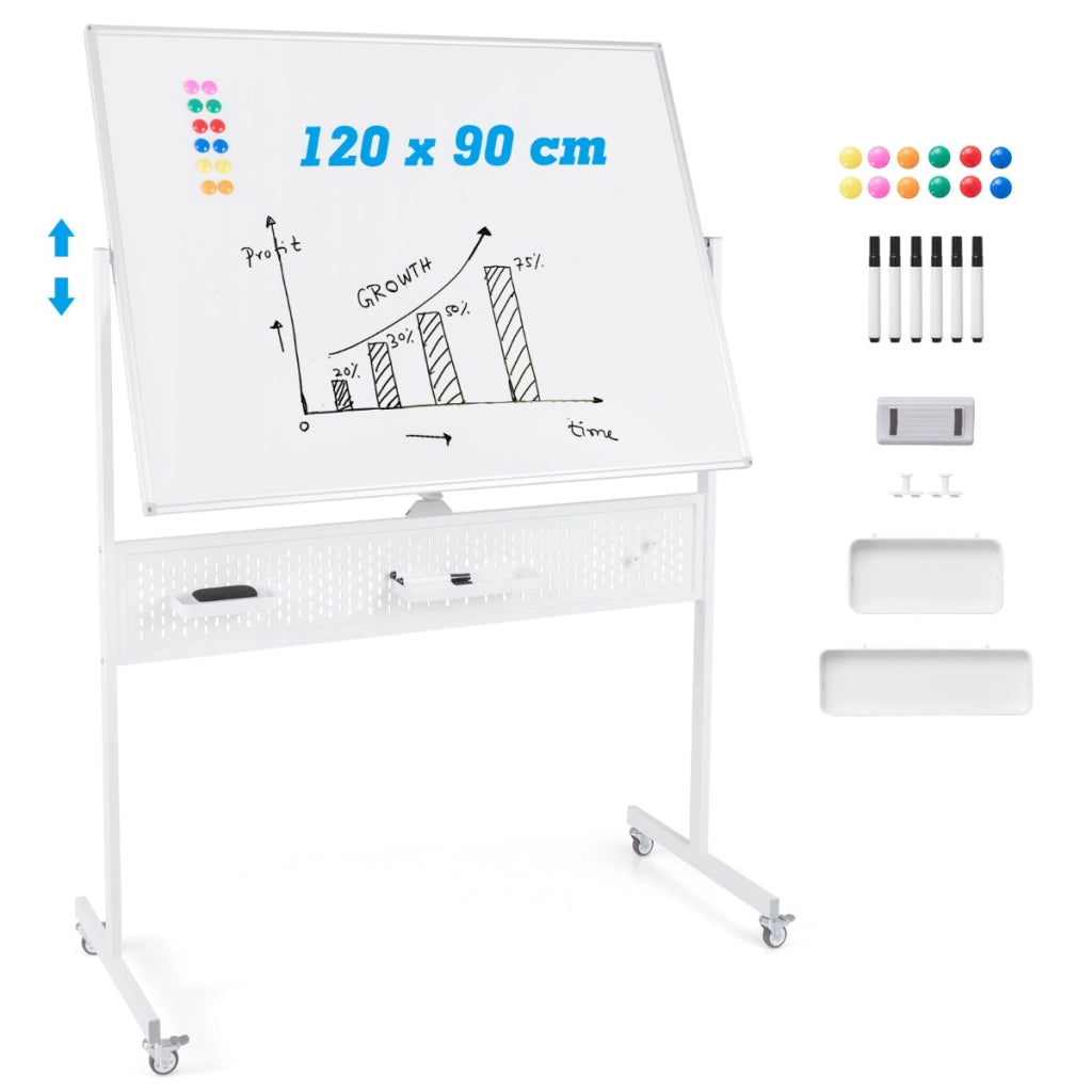 Lavagna mobile da 120x90cm con supporto pannello e accessori, Lavagna a 2 lati da pavimento per casa ufficio aula Biacno-Lavagne