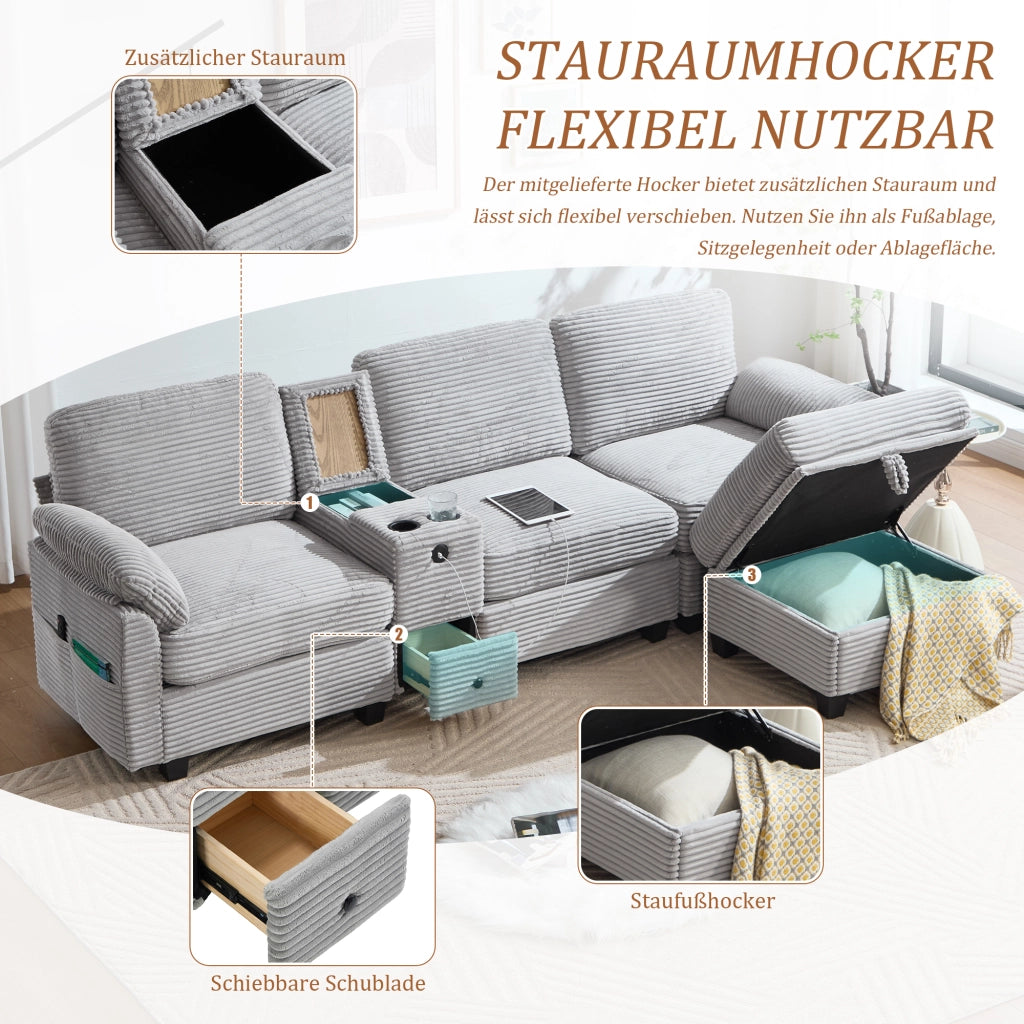 Divano ad angolo in cord con console scorrevole, porta USB-C, tasche laterali e pouf contenitore grigio chiaro