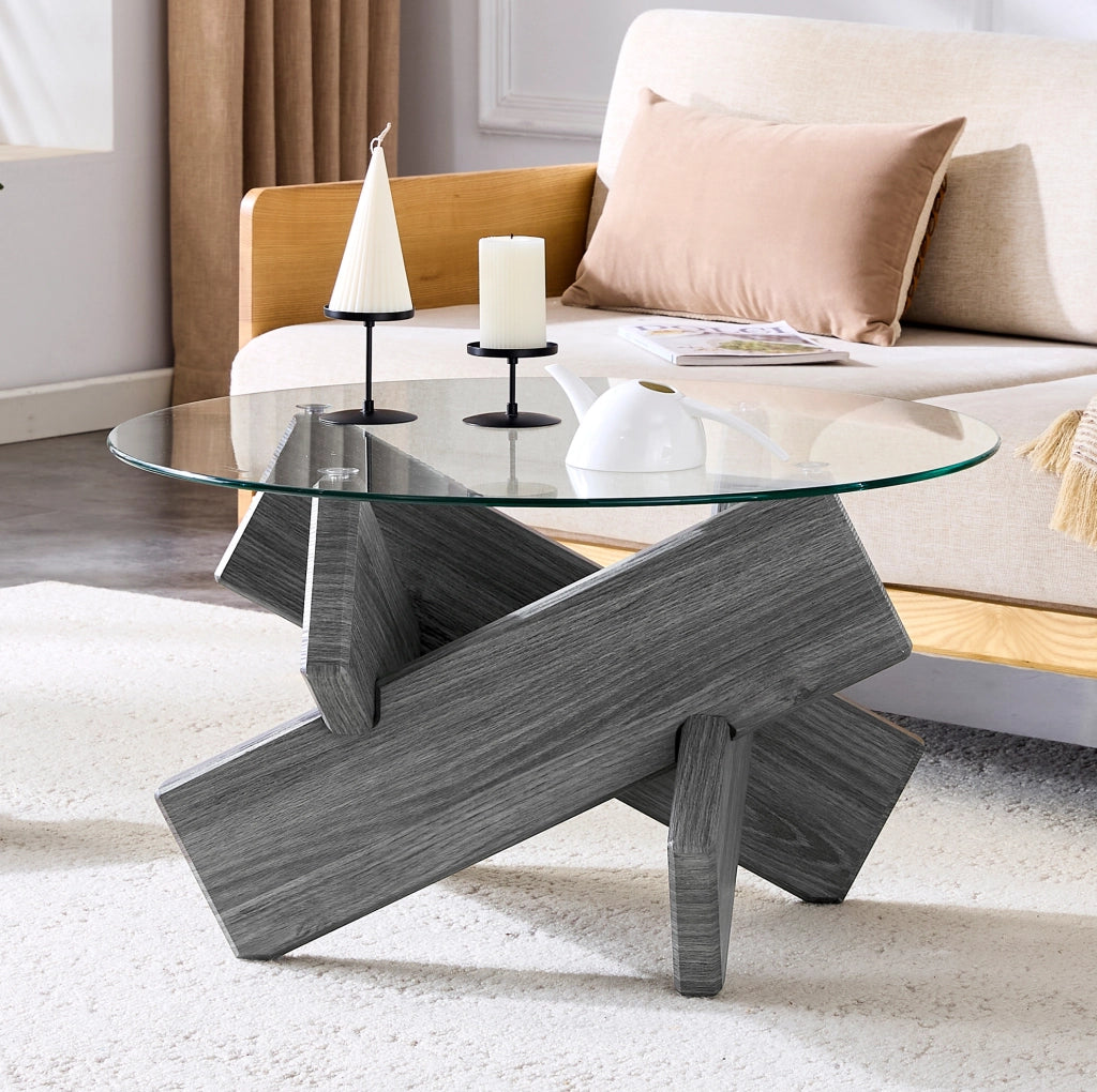 Tavolino da caffè rotondo ? 79 cm in vetro e MDF grigio; supporto incrociato