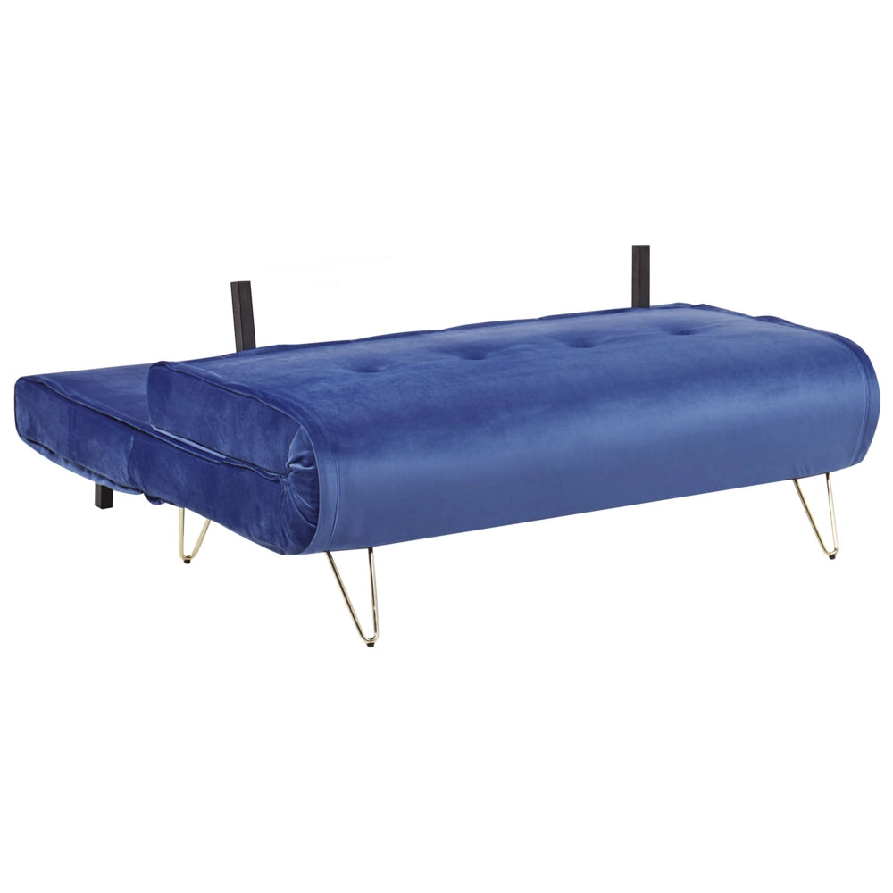 Divano letto in velluto blu navy a 2 posti letto pieghevole senza braccioli con 2 cuscini gambe in metallo dorato glamour