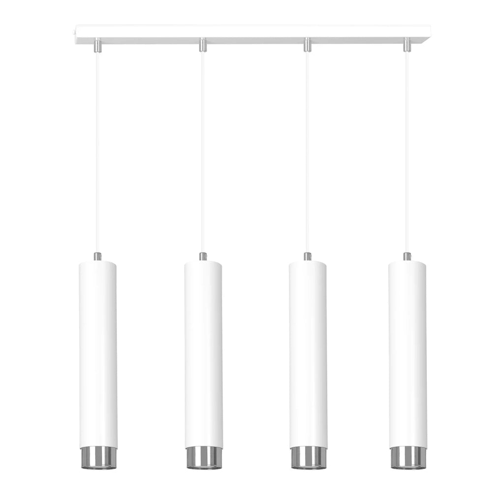 Lampadario 4 Luci Brunilde In Acciaio Bianco E Tubolari In Bianco E Cromo