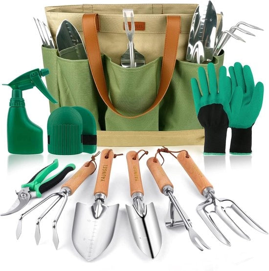 Kit di attrezzi per giardinaggio, set da 10 pezzi di attrezzi in acciaio inossidabile robusto con manico di legno antiscivolo - Confezione da giardinaggio per donne e uomini, verde