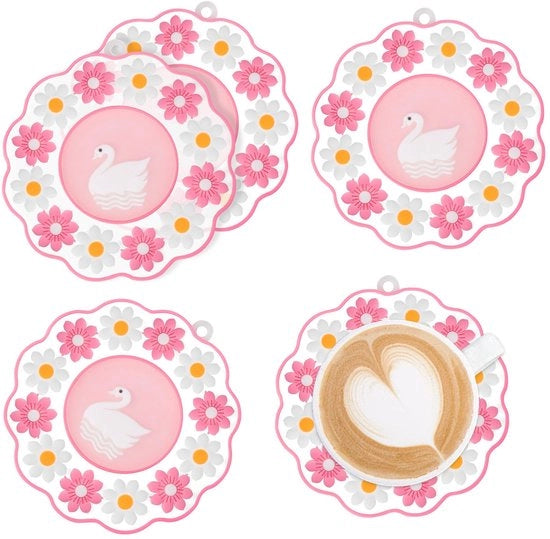 Sottopiani per bibite, sottopiani in silicone moderni con disegno a fiori, 4-pack sottopiani antiscivolo per diverse tazze (rosa pastello)