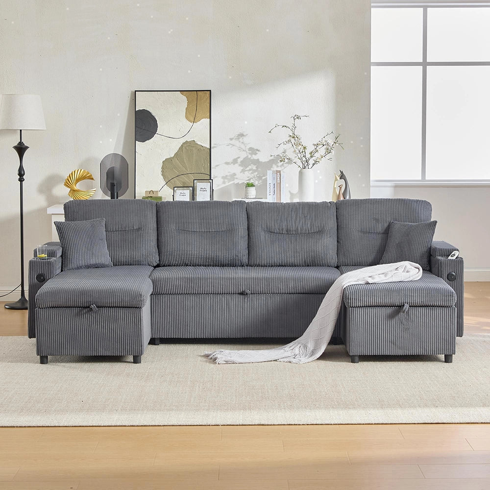 Divano moderno in velluto per 4 persone - Xylo - Con chaise longue, spazio di archiviazione, porta bevande, porte USB e funzione letto