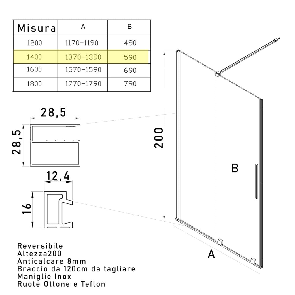 Porta doccia scorrevole 8mm h200 senza profili brenta, misura 140
