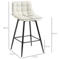 Set 2 Sgabelli da Bar con Schienale e Poggiapiedi in Stile Nordico in Metallo e Velluto, color Crema, 45x47x84 cm