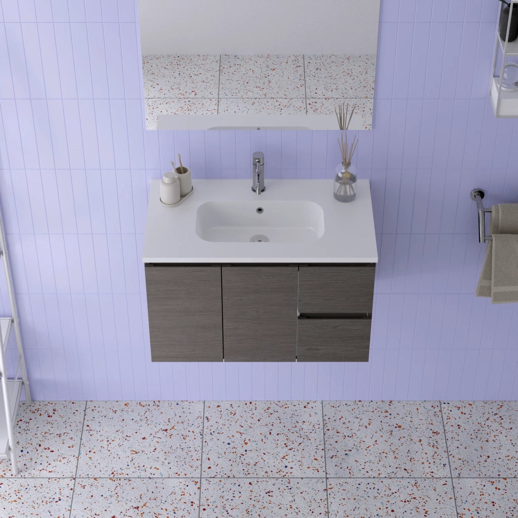 Mobile da bagno sospeso 80cm rovere scuro con lavabo e specchio | Rata