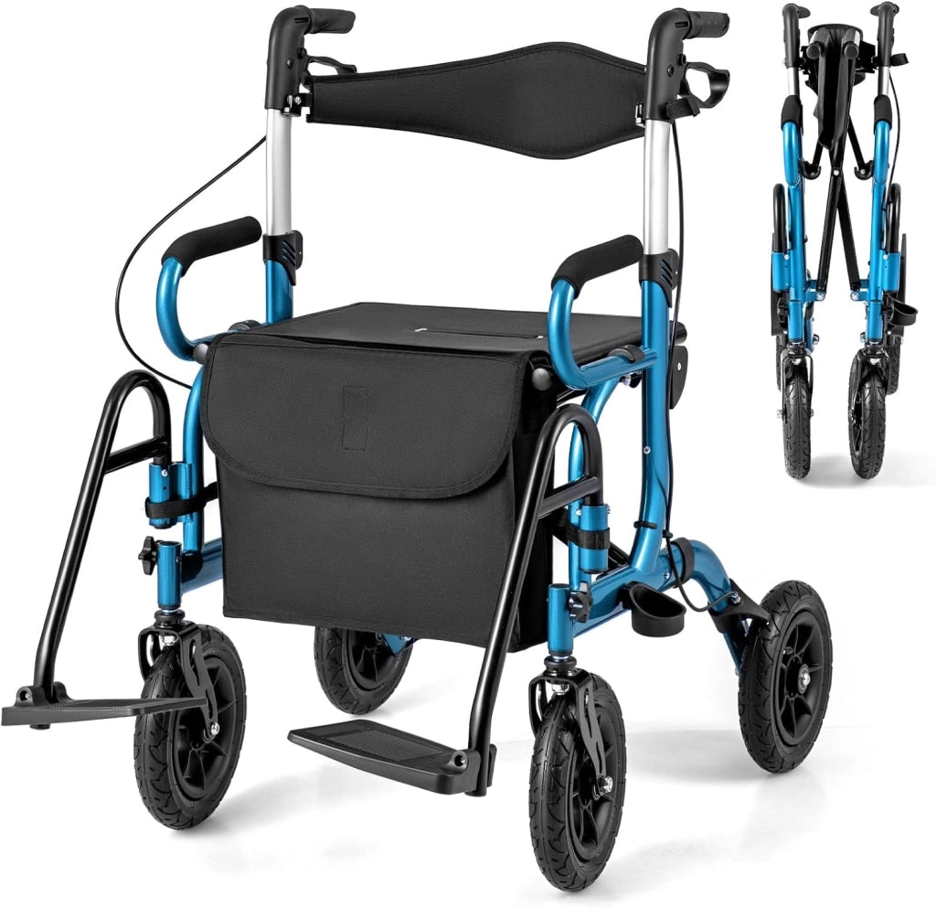 2 in 1 Deambulatore e Sedie a Rotelle in Alluminio, Rollator Pieghevole e Regolabile in Altezza con Seduta e Freni, Girello per Anziani con Ruote Robuste (Blu)