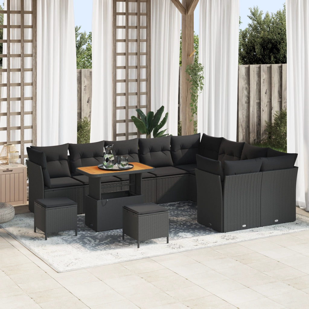 Set divano da giardino a 12 pezzi con cuscini in polyrattan nero e acacia