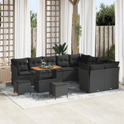Set divano da giardino a 12 pezzi con cuscini in polyrattan nero e acacia