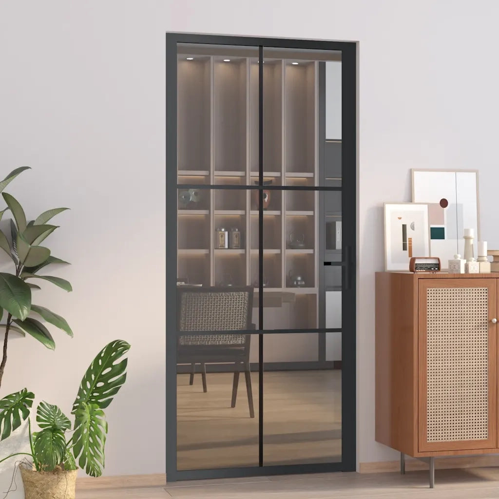 Porta Interna 93x201,5 cm Nera in Vetro ESG e Alluminio 350566