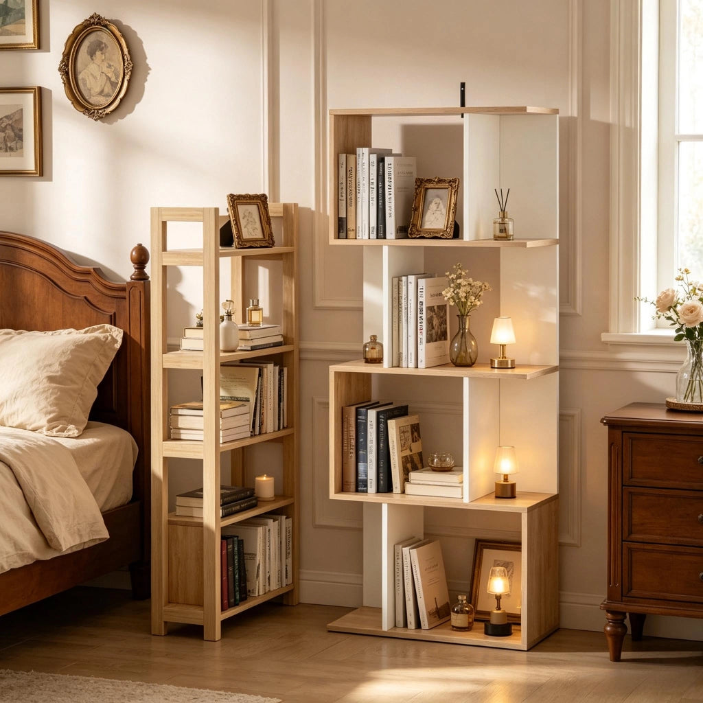 LIBRERIA S-ფორმata 60x24x148 cm in pannello di truciolare, naturale/bianco