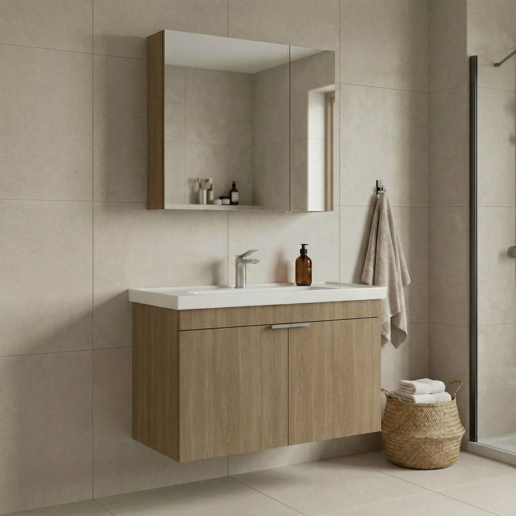 Set mobile lavabo con specchio (2 pezzi) "Desna 90" - 90 x 45 x 58 cm - Rovere