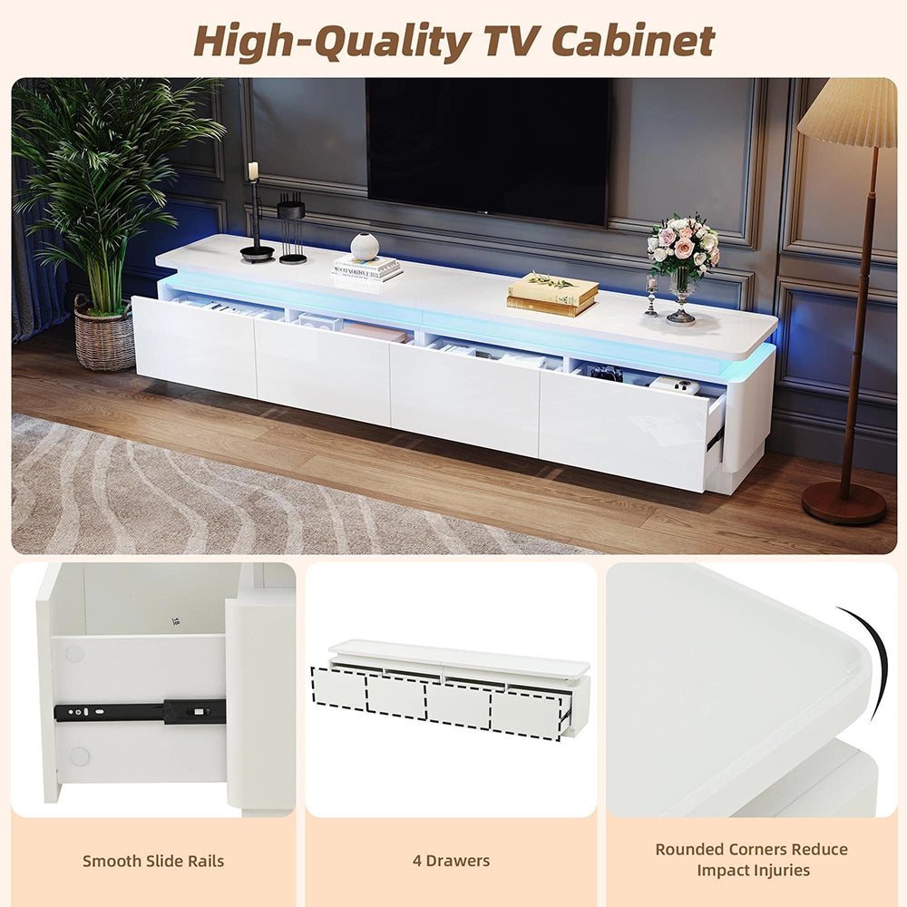 Mobile TV 180x34x40cm - Xylo - 4 Cassetti con Luci LED, Bianco, fino a 80"